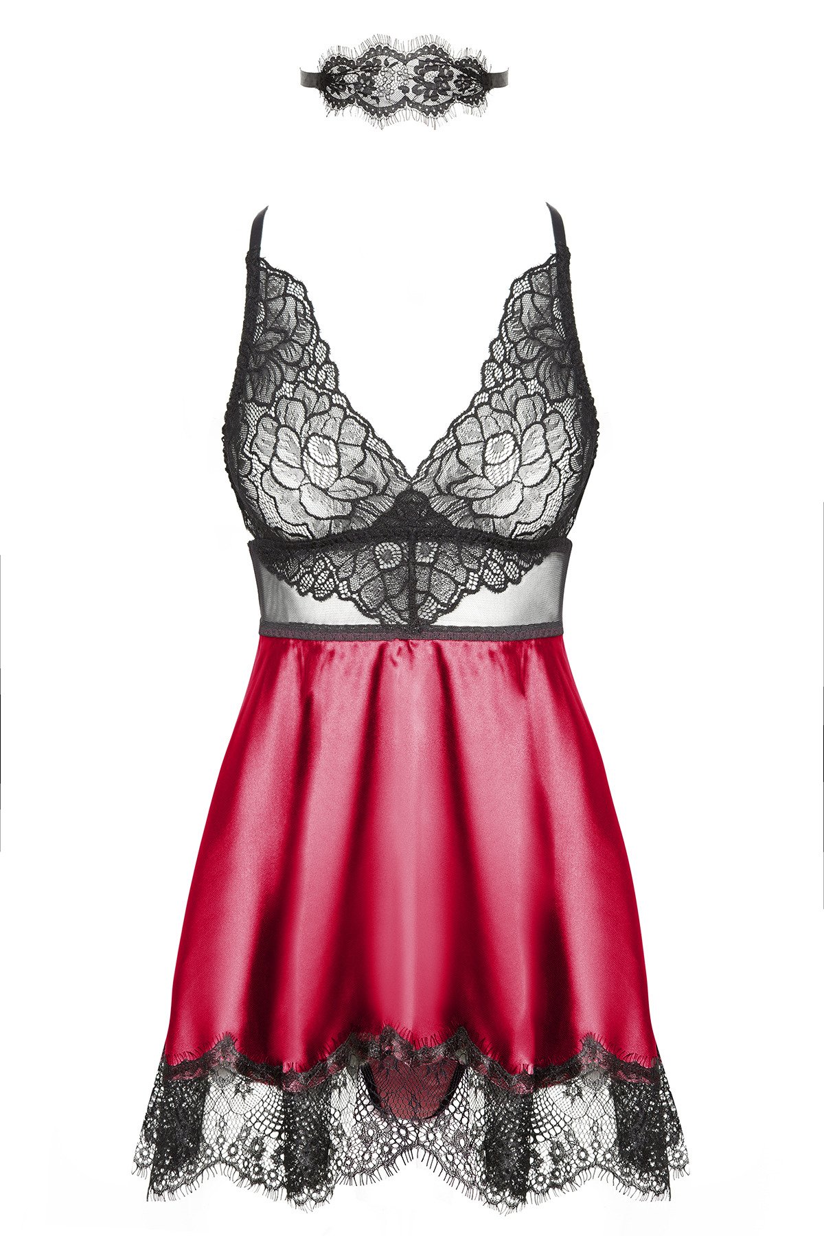 Rot-Schwarzes Babydoll Eve mit Augenmaske