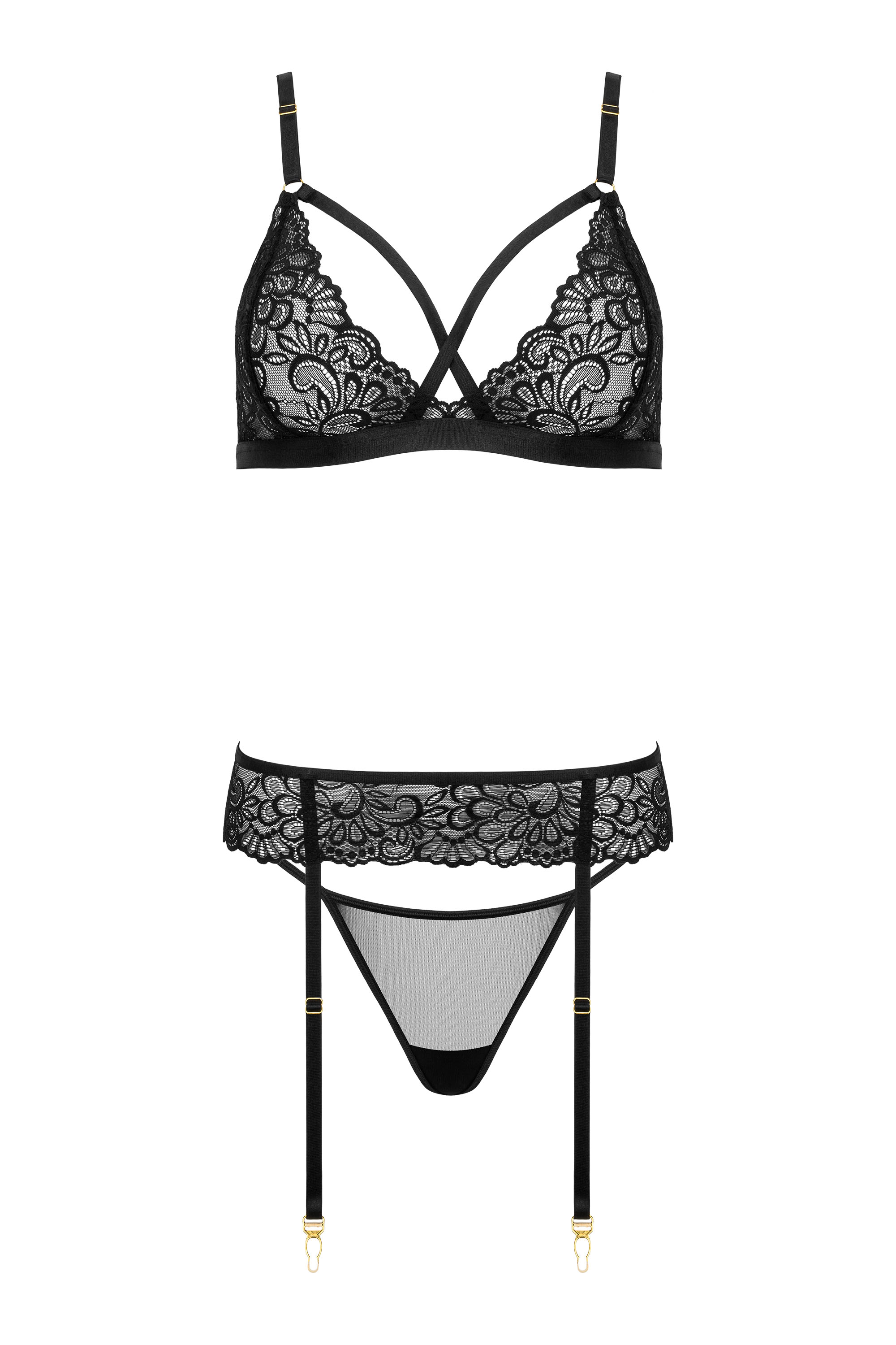 Strapse-Set in schwarz mit Blumenmuster
