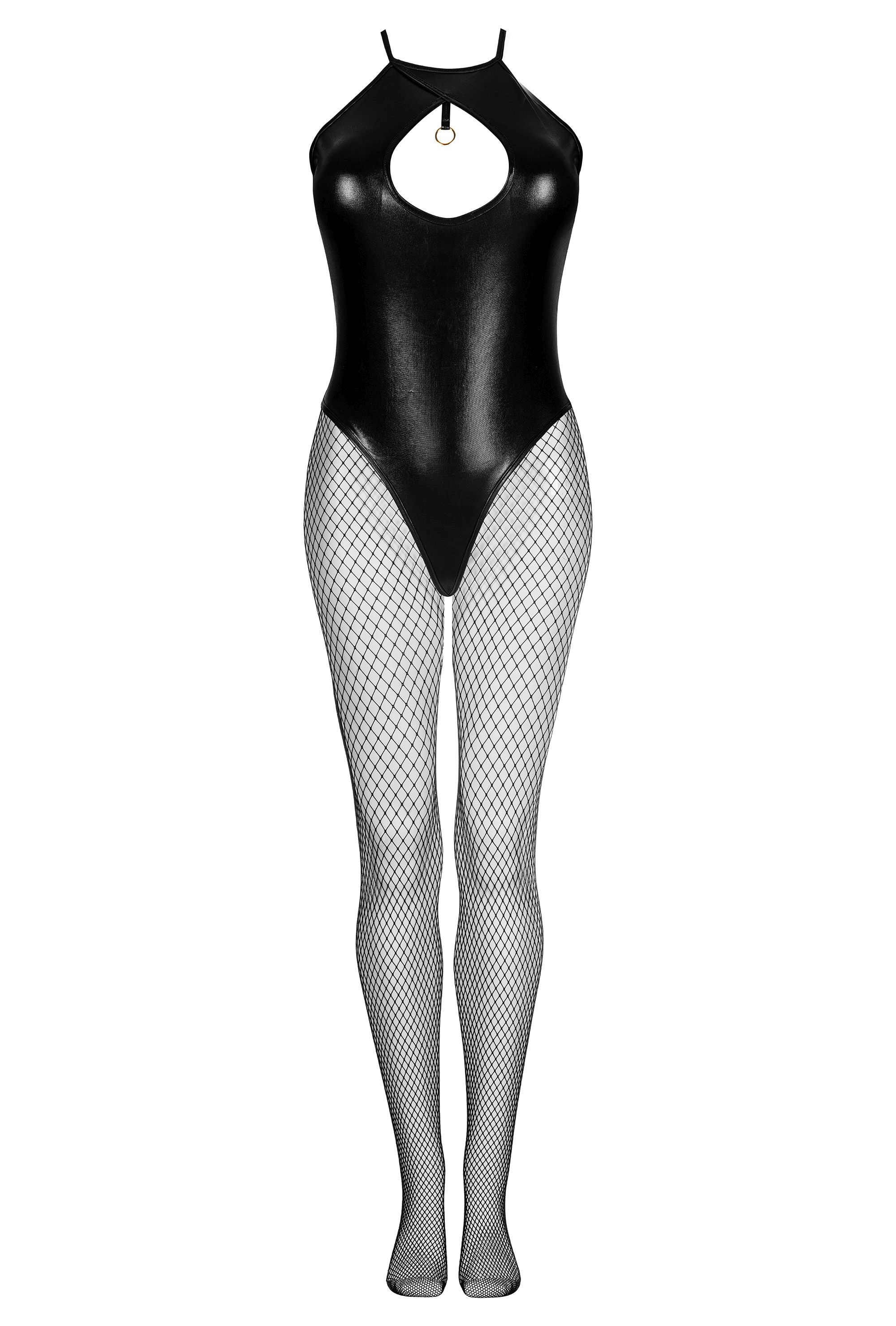 Wetlook-Body mit Netzstrumpfhose