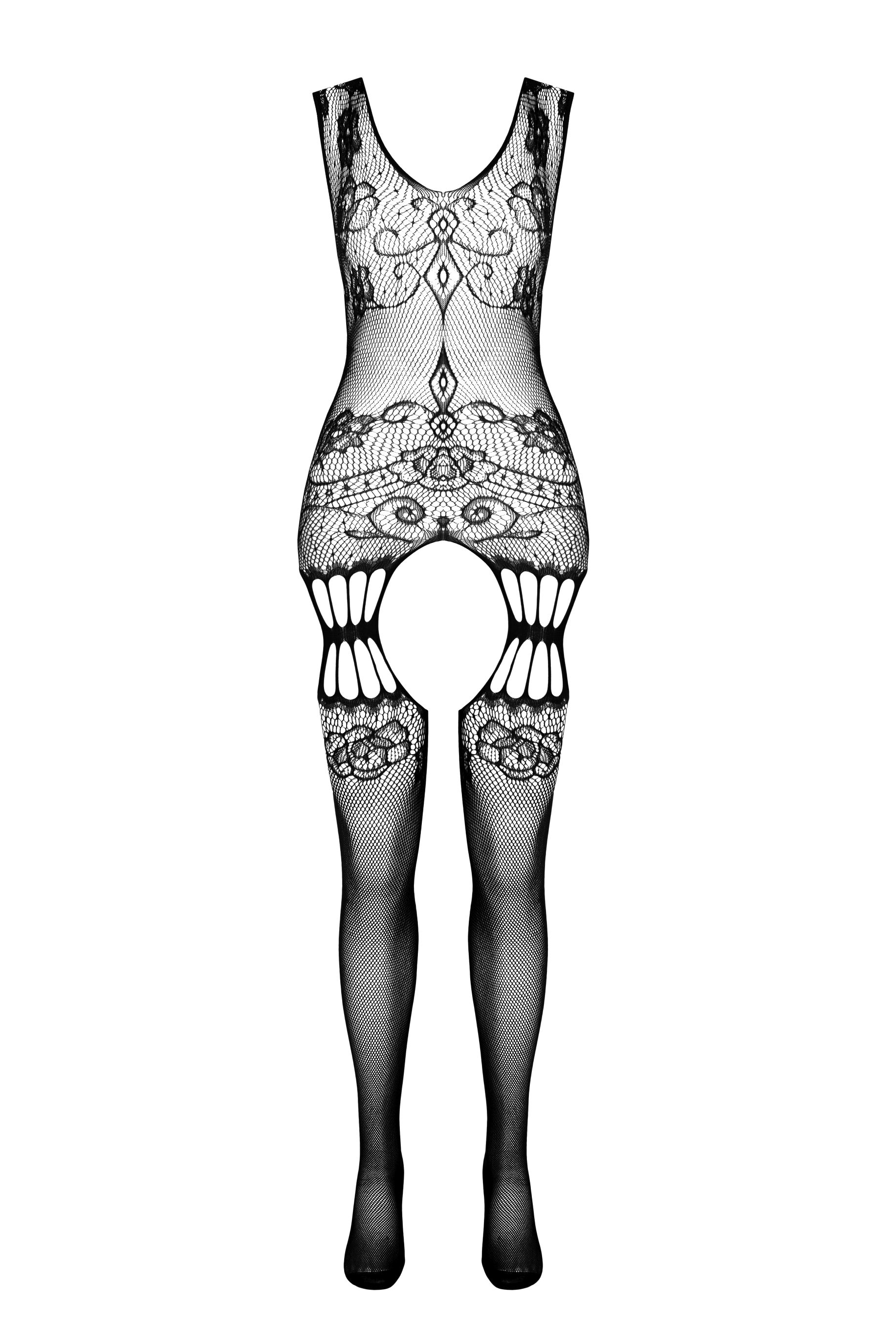 Schwarzer Catsuit mit Blumenmotiv