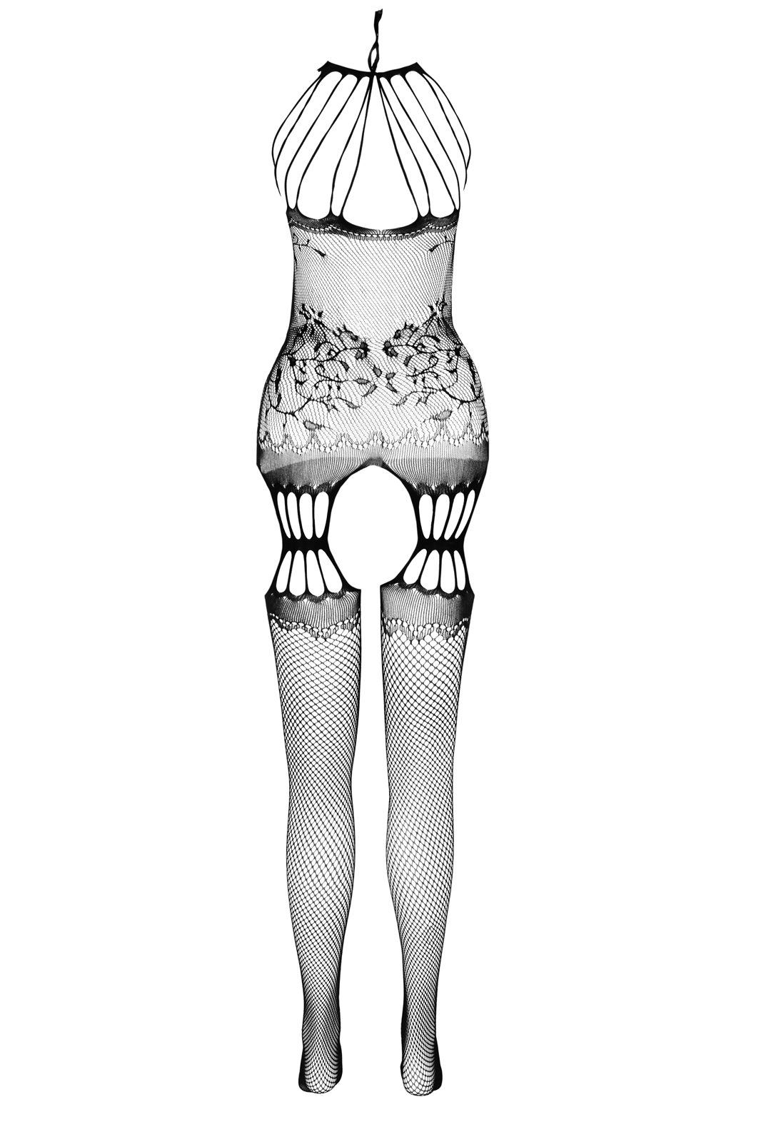 Schwarzer Netz-Catsuit mit Riemen