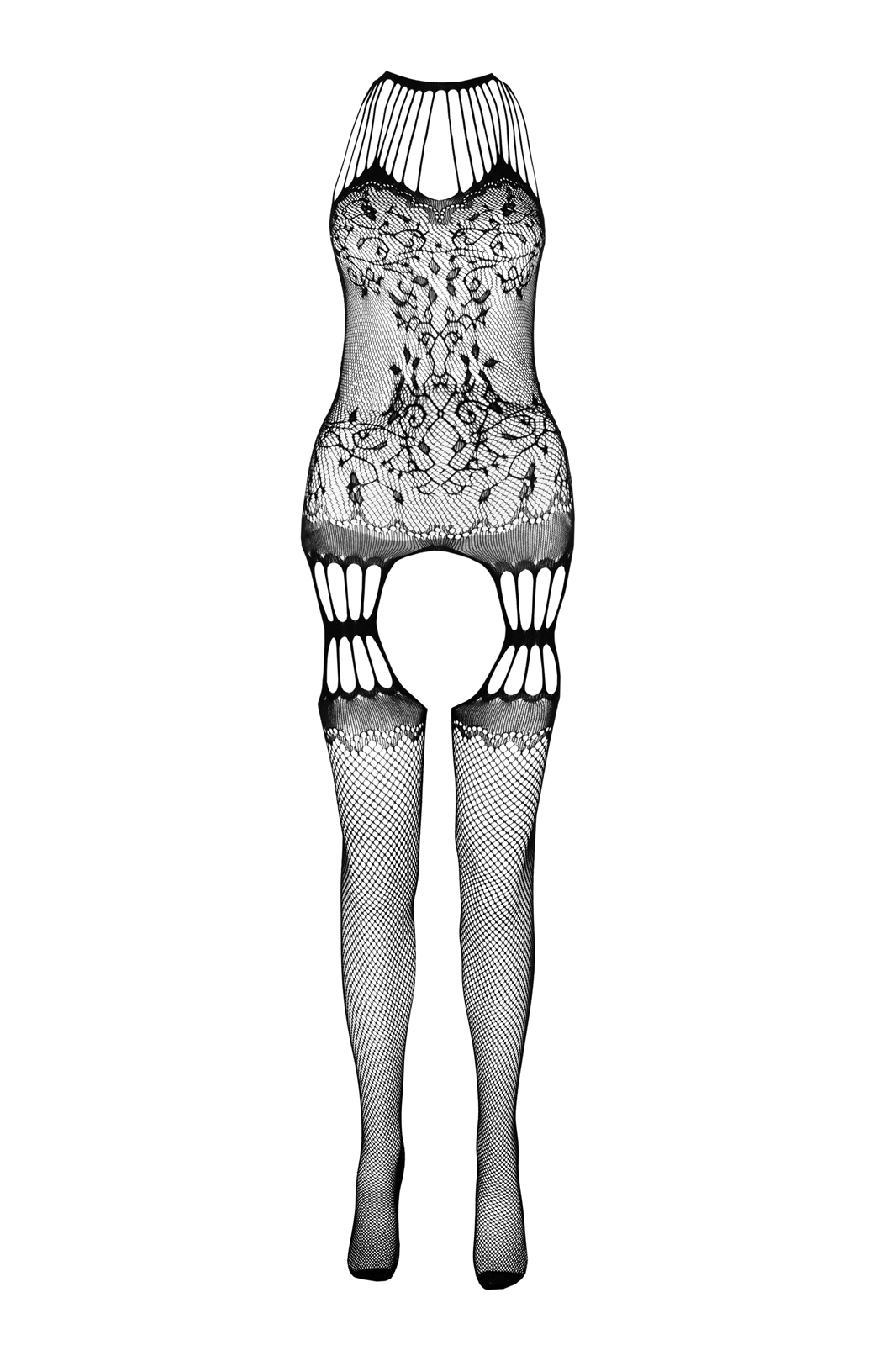 Schwarzer Netz-Catsuit mit Riemen