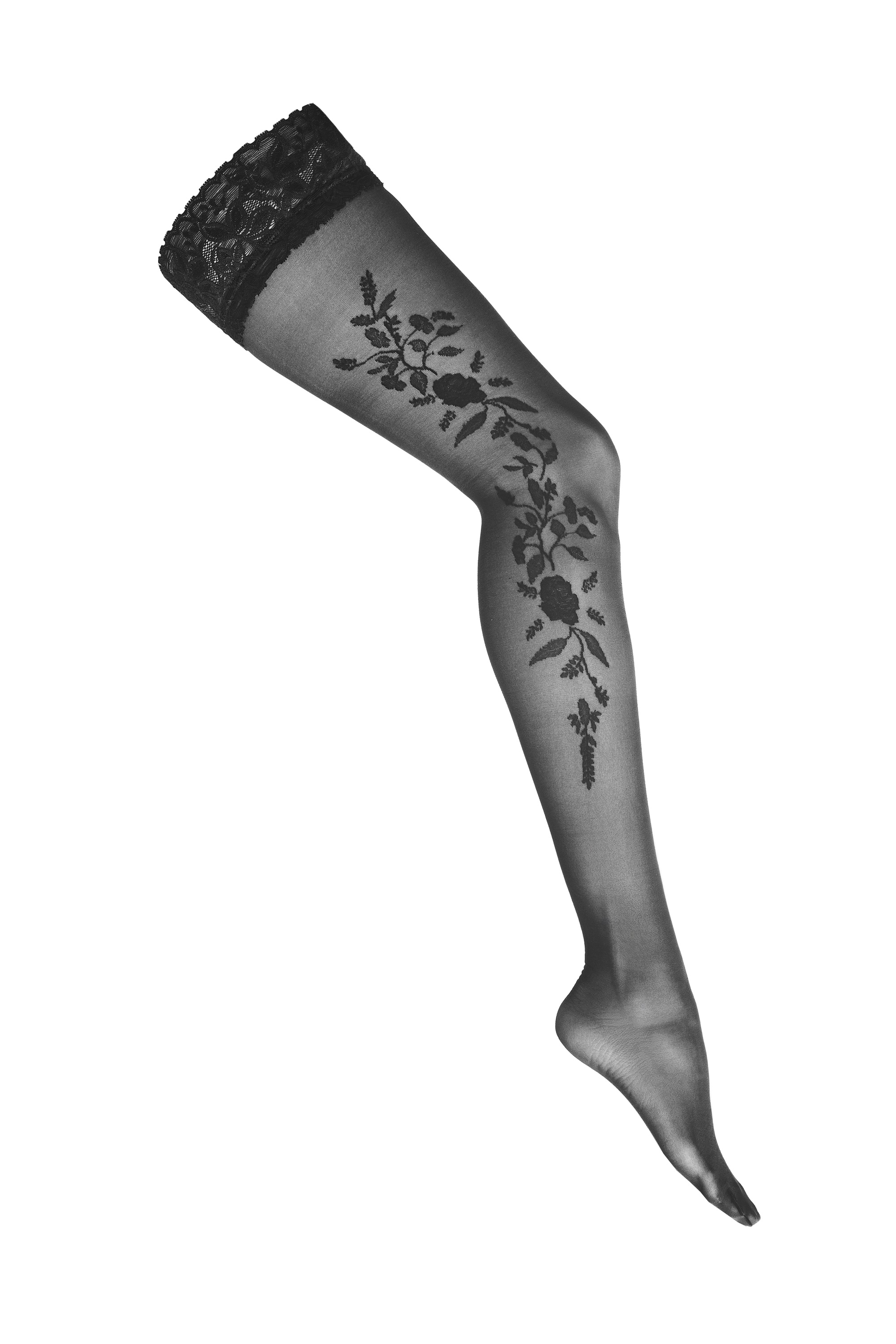 Halterlose Nylonstrümpfe mit Blumenmotiv